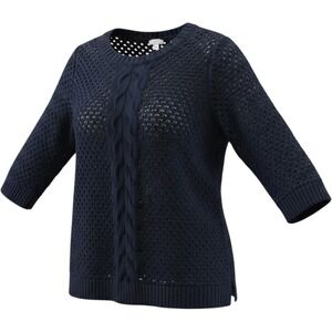 J. Jill Navy Blue Open Knit Cable Knit Sweater 3/4 Sleeve Large Nautical Coastal